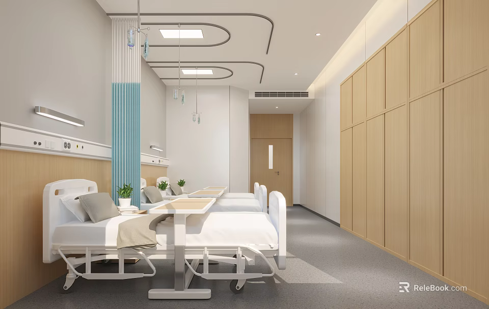 Modern Hospital Outpatient Ward With Beds And Cabinets 3d model 