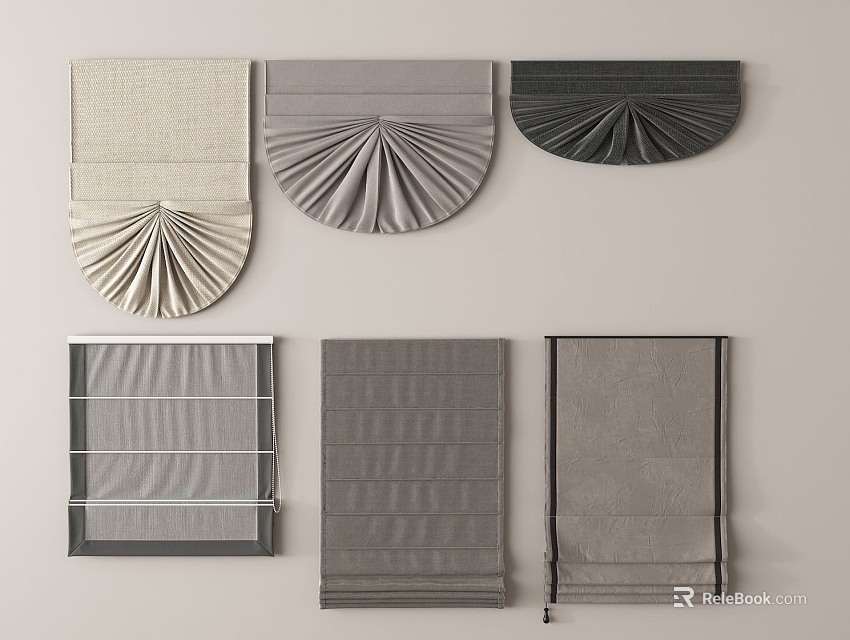 Various Roman Blinds With Pleated Top Designs In Beige Gray And Dark Gray 3d model 