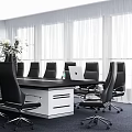 Modern Conference Room With Large Rectangular Table Black Ergonomic Chairs And Floor To Ceiling Windows