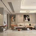 Elegant Modern Living Dining Room Interior With Open Concept Marble Accents And Pendant Lights