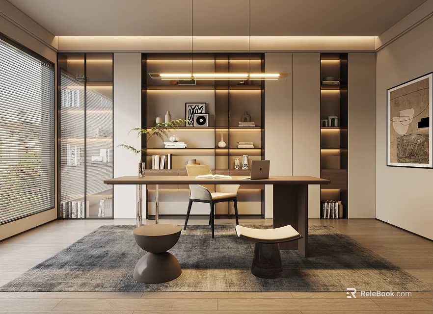 Modern Study Room Interior With Wooden Desk Bookshelves And Pendant Lights 3d model 
