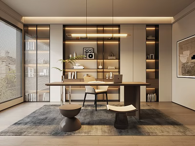 Modern Study Room Interior With Wooden Desk Bookshelves And Pendant Lights 3d model
