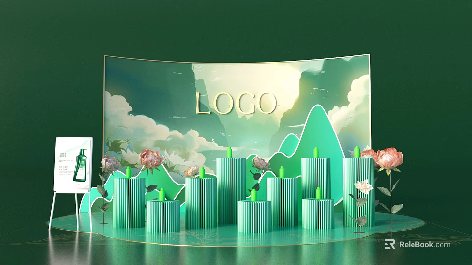 Green Themed Display Stand With LOGO Clouds Mountains Columns And Flowers 3d model 
