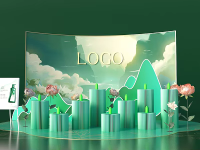Green Themed Display Stand With LOGO Clouds Mountains Columns And Flowers 3d model