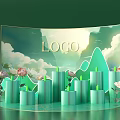Green Themed Display Stand With LOGO Clouds Mountains Columns And Flowers