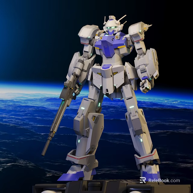 White And Purple Mecha Robot With Gun Standing Over Earth In Space 3d model 