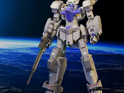 White And Purple Mecha Robot With Gun Standing Over Earth In Space 3d model