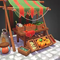 Wooden Fruit Market Stall With Green Red Striped Awning And Fresh Fruits On Cobblestone Ground