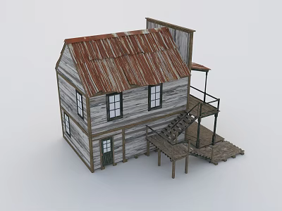 Two Story Wooden House With Red Metal Roof Wooden Exterior And Balcony Stairs 3d model