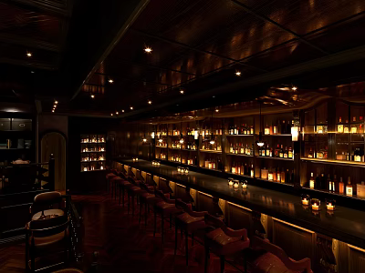 Elegant Bar Interior With Long Counter Leather Stools Drinks Shelves And Ambient Lighting 3d model