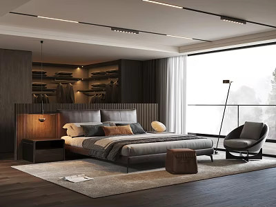 Modern Bedroom Interior With Large Bed Nightstand Floor Lamp And Armchair Wardrobe And Large Window 3d model