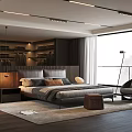 Modern Bedroom Interior With Large Bed Nightstand Floor Lamp And Armchair Wardrobe And Large Window
