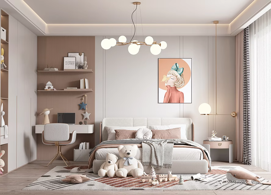 Cozy Kids Bedroom With Soft Bed Teddy Bears Desk Chandelier And Wall Painting 3d model 