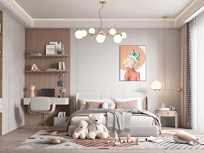 Cozy Kids Bedroom With Soft Bed Teddy Bears Desk Chandelier And Wall Painting 3d model
