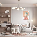 Cozy Kids Bedroom With Soft Bed Teddy Bears Desk Chandelier And Wall Painting
