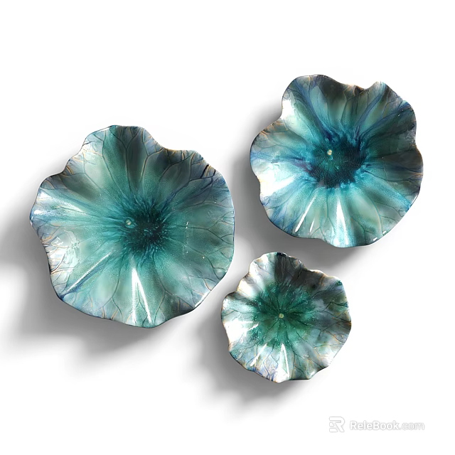 Set of Three Teal Lotus Shaped Wall Decor with Glossy Iridescent Finish 3d model 