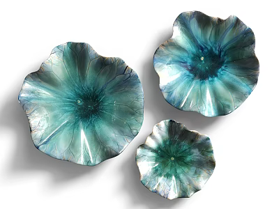 Set of Three Teal Lotus Shaped Wall Decor with Glossy Iridescent Finish 3d model