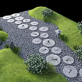 Charming Garden Decor With Circular Stone Paving Pathway Green Grass Lawn Small Shrubs And Gravel