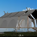White Tensile Membrane Structure Over Waterfront with Wooden Supports Grassland Flowers and Blue Sky Background