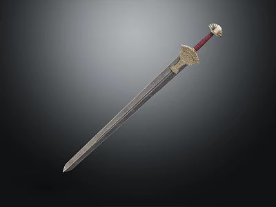 Elegant Decorative Sword With Metallic Blade Red Hilt And Golden Accents 3d model