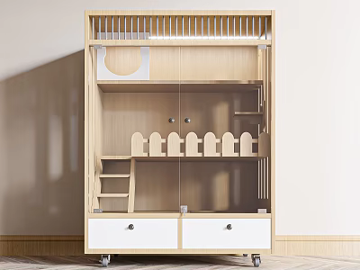 Kids Wooden Furniture Unit With Ladder Drawers Wheels And Decorative Fence Details 3d model