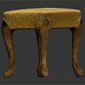 Classic Wooden Stool With Yellow Diamond Pattern Upholstered Seat And Carved Legs