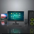 Modern Desktop Computer Setup With Monitor PC Case Green Fans Keyboard Mouse And Laptop
