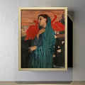 Classical Portrait Painting of Noblewoman in Red Gold Attire with Jewelry and Green Background