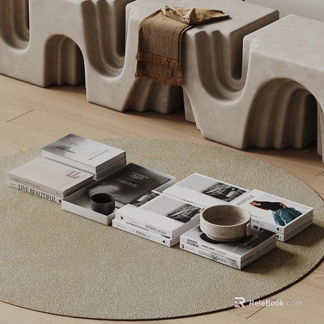 Stacked Coffee Table Books And Magazines With Mugs On Neutral Rug Modern Home Decor 3d model 