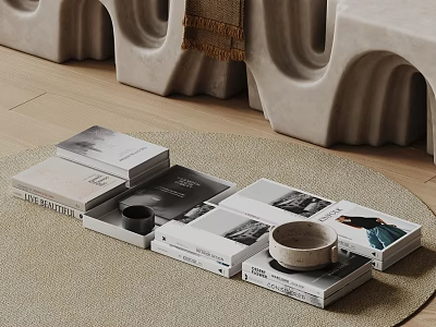 Stacked Coffee Table Books And Magazines With Mugs On Neutral Rug Modern Home Decor 3d model