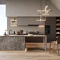 Modern Kitchen Interior Design With Gray Cabinets Island Counter Pendant Lights And Wooden Floor View