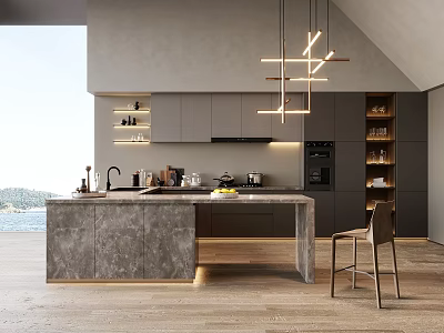 Modern Kitchen Interior Design With Gray Cabinets Island Counter Pendant Lights And Wooden Floor View 3d model