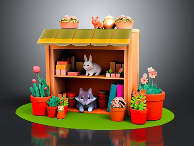 Cartoon Small Shop Scene with Flower Pots on Roof Rabbit Cat Front Potted Plants Flowers 3d model