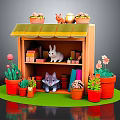 Cartoon Small Shop Scene with Flower Pots on Roof Rabbit Cat Front Potted Plants Flowers