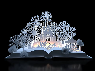Open Book With 3D Paper Cut Castle Ferris Wheel Trees And Flowers With Lighting Effect 3d model