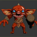 Red Pig Like Creature With Horn Large Ears And Colorful Eyes Holding Stone Hammer