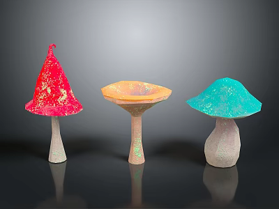 Colorful Glittery Mushroom Sculptures In Red Orange Blue On Black Background 3d model