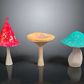 Colorful Glittery Mushroom Sculptures In Red Orange Blue On Black Background