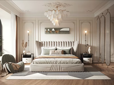 Elegant Modern Bedroom Interior With Tufted Headboard Chandelier Wall Sconces And Geometric Rug 3d model