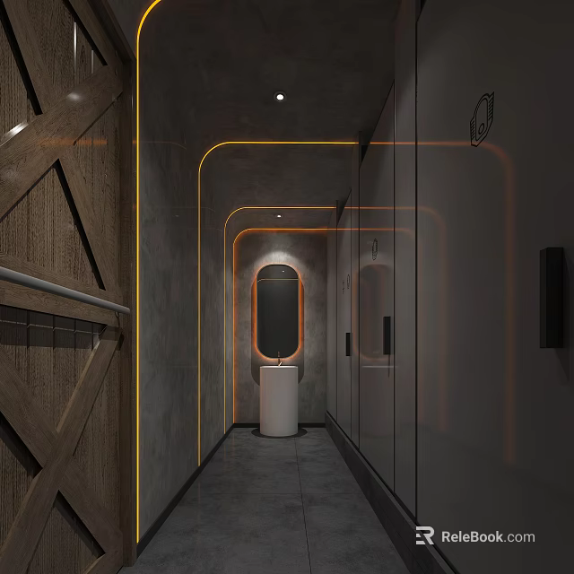 Modern Public Restroom Interior With LED Strip Lighting Gray Walls And Mirror Partitions 3d model 