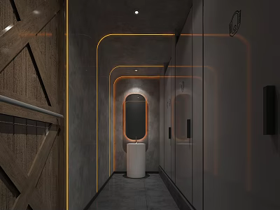 Modern Public Restroom Interior With LED Strip Lighting Gray Walls And Mirror Partitions 3d model