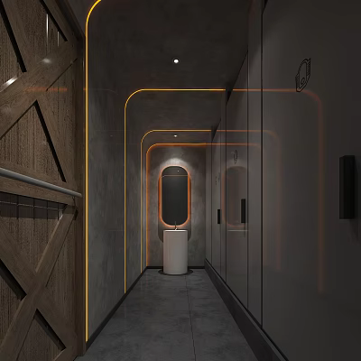Modern Public Restroom Interior With LED Strip Lighting Gray Walls And Mirror Partitions 3d model
