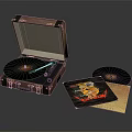 Open Vintage Leather Case Vinyl Record Player With Black Vinyl Records And Album Covers