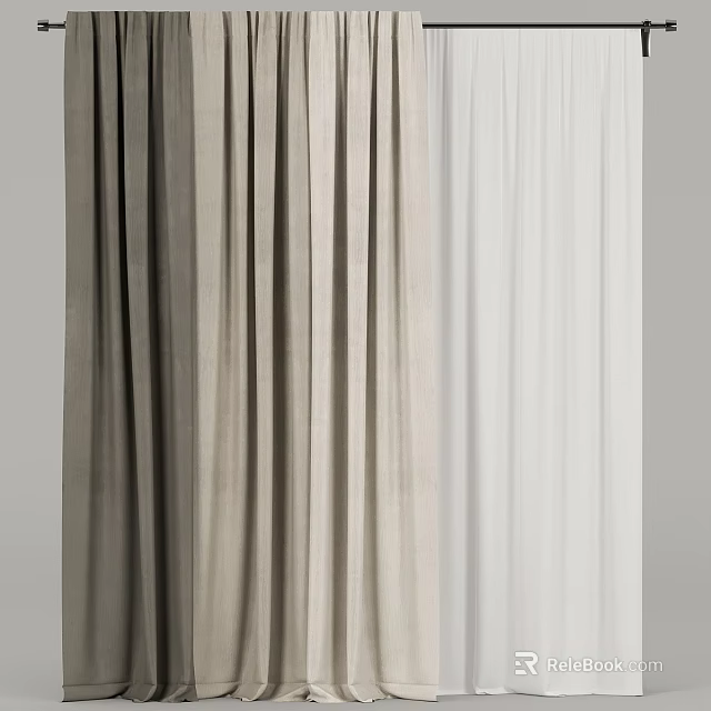 Soft Gray And White Linen Curtains For Modern Home Interior Window Treatment 3d model 
