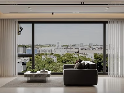 Modern Spacious Living And Dining Room With Panoramic City View Floor To Ceiling Windows 3d model