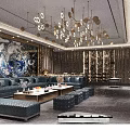 Modern KTV Interior Design With Chandeliers Sofas Bar Counter And Decorative Walls