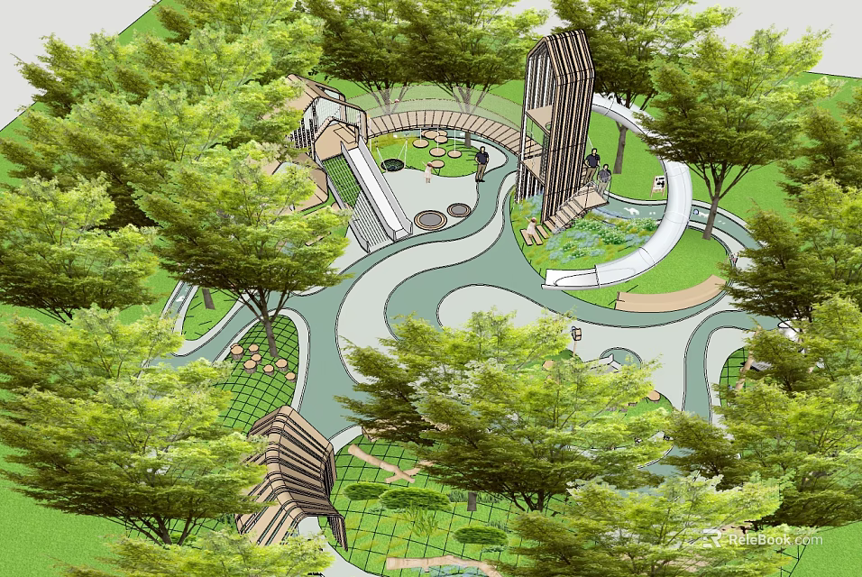 Children's Play Area with Curved Paths Play Structures and Lush Green Trees 3d model 