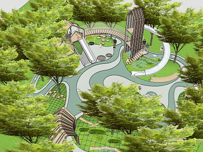 Children's Play Area with Curved Paths Play Structures and Lush Green Trees 3d model
