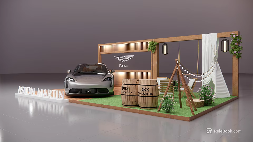 Aston Martin DBX Fashion Display With Wooden Structure Green Grass Barrels String Lights And Plants 3d model 