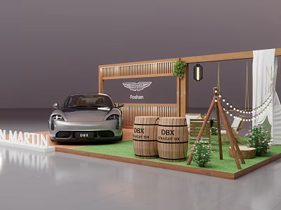 Aston Martin DBX Fashion Display With Wooden Structure Green Grass Barrels String Lights And Plants 3d model